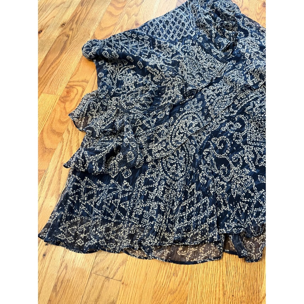 Y2K Lauren Ralph Lauren Navy Blue White 100% Silk Ruffle Tiered Skirt L B7 - Picture 2 of 5